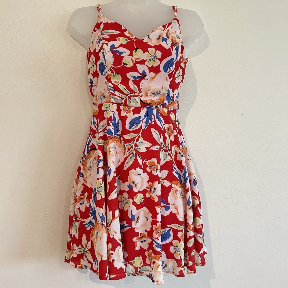 Trixxi Mini Red Floral Dress Sz S Sundress Sleeveless Sweetheart Tropical Beach